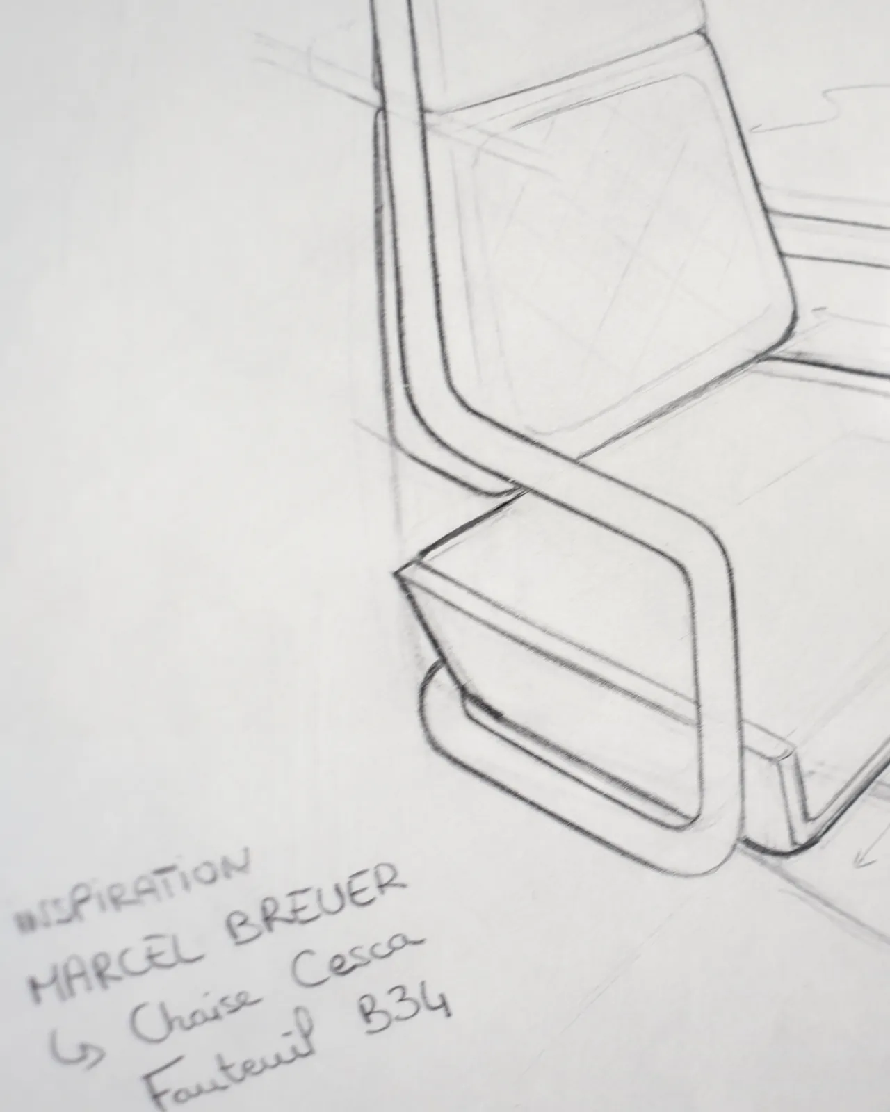 Esquisse d'une assise Lounge Cruise à piètement tubulaire, annotée : inspiration Marcel Breuer, chaise Cesca, fauteuil B34