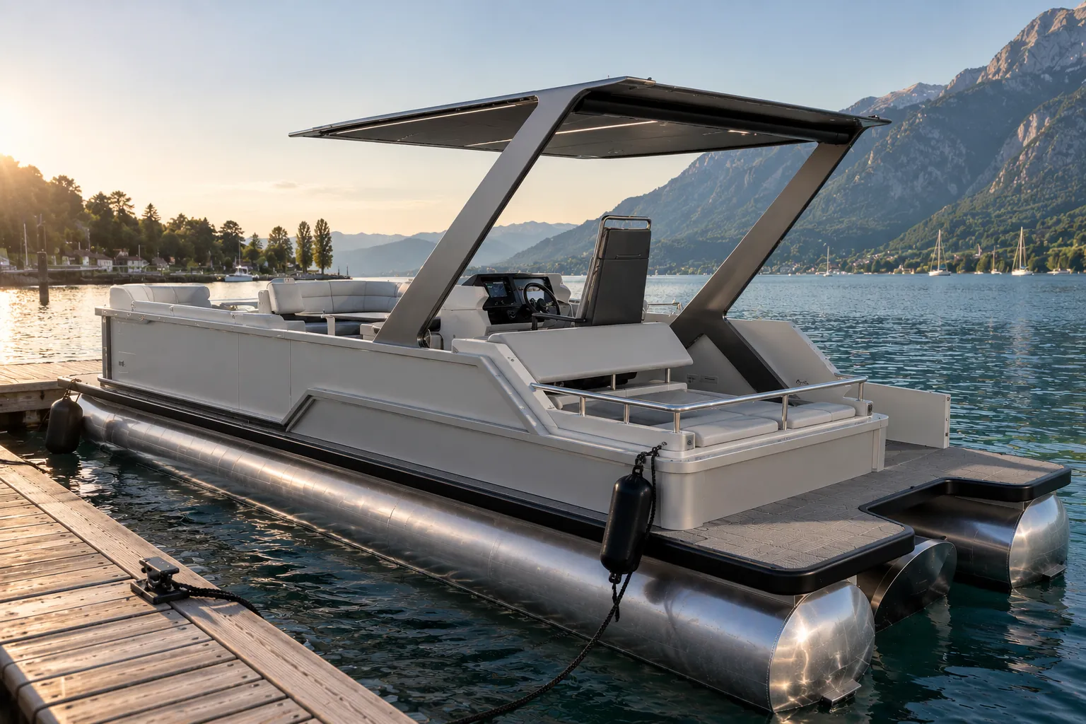Prestige 23 amarré sur un lac de montagne au coucher du soleil