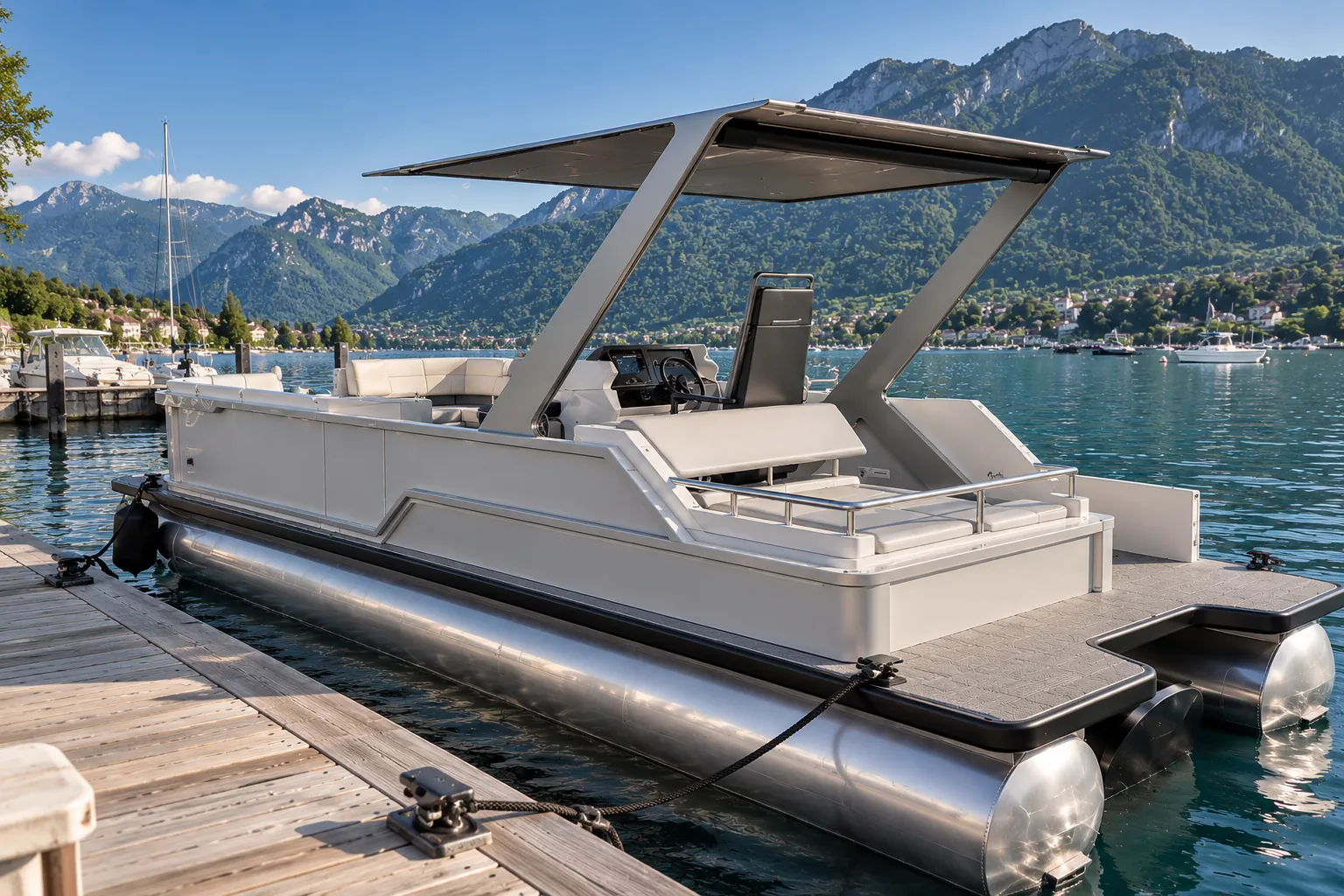 Prestige 23 à quai sur un lac de montagne : toit rigide, poste de pilotage et plateforme de bain