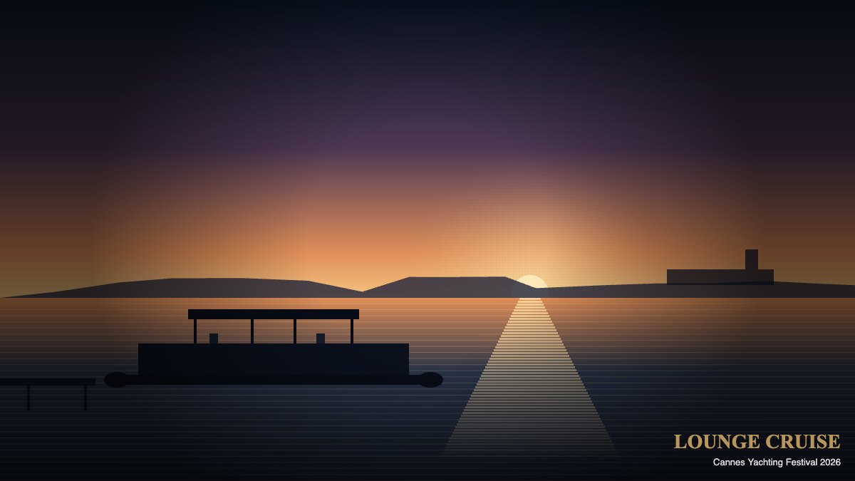 Pontoon premium Lounge Cruise amarré au Vieux Port de Cannes au coucher du soleil, lumière dorée méditerranéenne et silhouettes du palais des festivals en arrière-plan