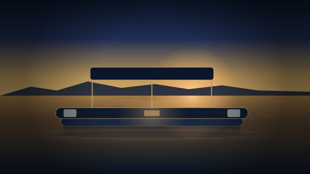 Aménagement pontoon boat haut de gamme — intérieur d'un Lounge Cruise au coucher de soleil méditerranéen
