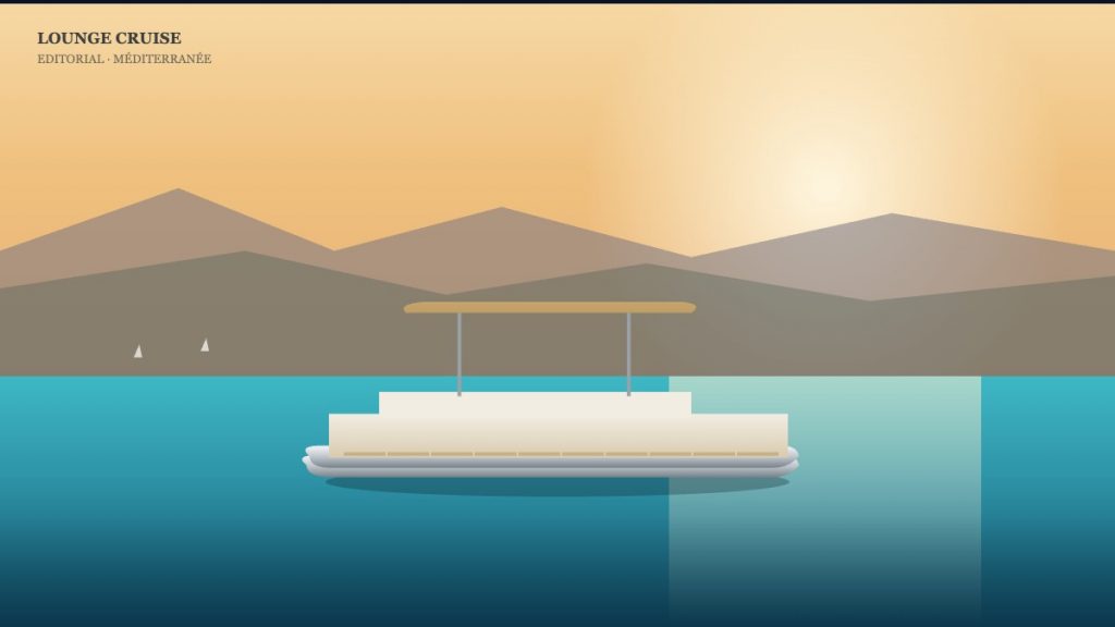 Bateau Méditerranée : pontoon premium Lounge Cruise au mouillage dans une crique turquoise au coucher de soleil, falaises calcaires en arrière-plan