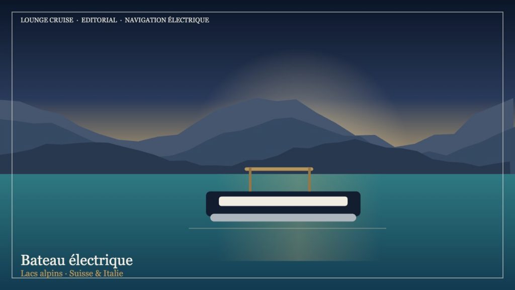 Bateau électrique lac Suisse — pontoon premium Lounge Cruise tri-toon glissant en silence sur un lac alpin suisse au lever du jour, flotteurs aluminium poli, sillage minimal