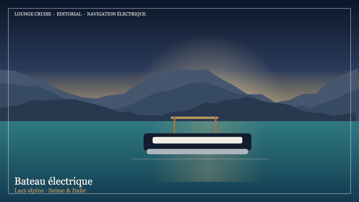 Bateau électrique lac Suisse — pontoon premium Lounge Cruise glissant en silence sur un lac alpin au lever du jour