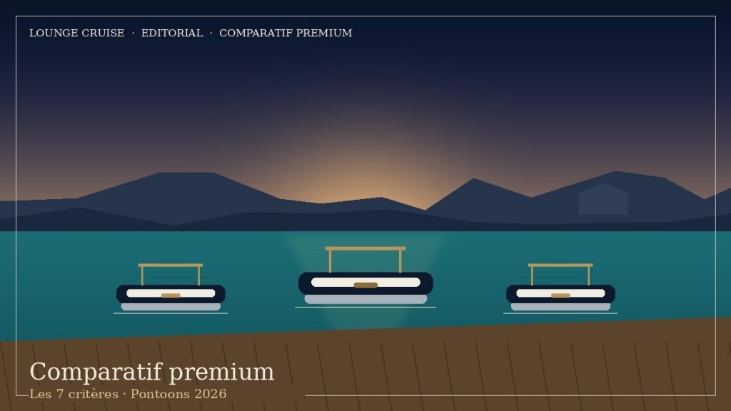 Comparatif pontoon premium — trois pontoons Lounge Cruise amarrés côte à côte le long d'un ponton en teck d'une marina méditerranéenne au lever du soleil