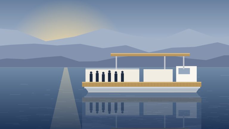 Stabilité d'un bateau ponton : pontoon Lounge Cruise à flotteurs aluminium sur un lac alpin, pont resté horizontal alors que six passagers sont rassemblés sur un seul bord