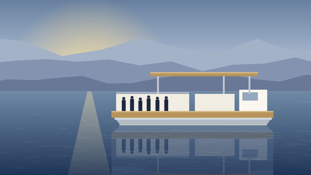 Stabilité d'un bateau ponton : pontoon Lounge Cruise à flotteurs aluminium sur un lac alpin, pont resté horizontal alors que six passagers sont rassemblés sur un seul bord